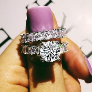 Conjunto de anéis de casamento de prata esterlina 925 sólido de luxo para noivas 2 peças de presente de aniversário de noivado feminino joias por atacado R4869S