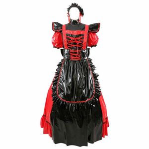 Sissy Maid PVC Red Dress Two Ways Wear Cosplay Långt eller korta ärmar GOTHIC COSTUME235Q