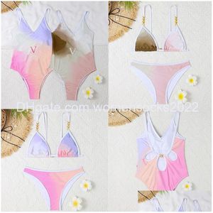 Женские купальники Candy Color One Piece Swimsit Письмо подсолнухи Градиент золотой металлический пряжка пляжная одежда для купания без спинки костюмы Drop D Dhdel