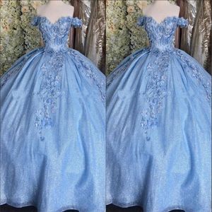 2023 Bling Tule Bahama Azul Quinceanera Vestidos Vestido de Baile Fora do Ombro 3D Flores Cristal Espartilho Costas Lace-up Baile Formatura2711