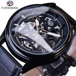 Forsining Full Black Fashion Classic Orologi da polso meccanici per uomo Cinturino nero Lancette luminose Heren Horloge Skeleton Clock Male193R