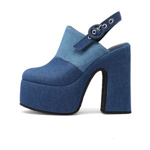 Sandalet Batı Avrupalı ​​bayan pompaları yaz mavi kot kot patchwork kapalı ayak parmağı platformu blok kalın yüksek topuklu slingback sandaletler kadın 230719