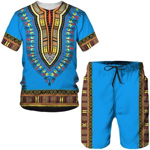 Męskie dresy afrykańska koszulka z nadrukiem Zestaw koszulki dashiki etniczny styl tradycyjny odzież uliczna vintage dla mężczyzn krótkie szorty Suit Tracksuit 230719