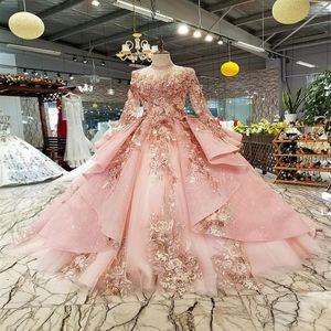 Pink Special Dubai Puffy Party Dresses Quinceanera Dresses High Neck Long Talle Sleeve Soe Up Back Evening Dresses Can Make For M297L