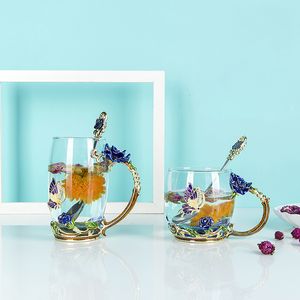 Tumblers Blue rose enamel crystal cup flower tea glass highend with handle suitable for couples weddings 230719