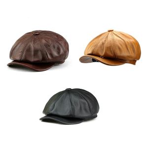 Real Genuine Leather Newsboy Hat Cap Mens Fashion Winter Flat Caps Vintage Short Brim Unisex Classic Stylish Hats252Y