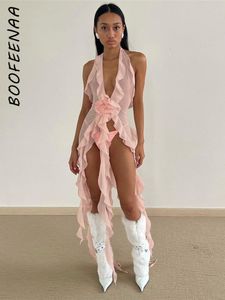 Kobiety T -T -Thirt Boofeenaa Floral Applique Ruffle HASSH SHIRTS Y2K Sexy See Through Asymetrycal Canter Backless Top S 2023 C83 DF29 230721