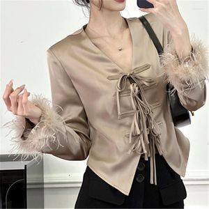 Women's Jackets Chinese Style Coat Women Y2K Vintage Tops Luxury Feather Patchwork Sexy V-Neck Top Girl Short Blouse Shirt Button Down