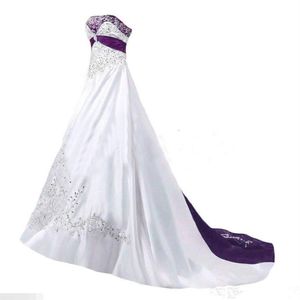 Abiti da sposa vintage bianchi e viola 2023 senza spalline con lacci in pizzo con ricami in rilievo corsetto treno abito da sposa taglie forti255J