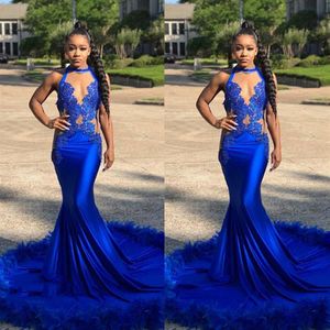 2022 Royal Blue Mermaid Prom Dresses See Through Sparkly Sequins Deep V Neck Halter African Formal Evening Party Gowns229r
