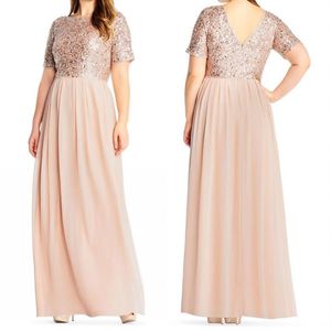 Blush Sequin Bridesmaid Dresses Short Sleeves Chiffon Floor Length V-Back Wedding Guest Gowns Plus Size Long Maid of Honor Dress2427