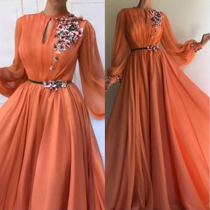 Muslim Orange Long Sleeves Flowers Dubai Evening Dresses A-Line Chiffon Islamic Saudi Arabic Prom Gown Robe de soiree258v