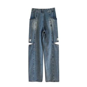 Women's Jeans High Version Jeans Designer Pants Big Pockets Rips Printed Straight Wide Leg Denim Trousers Clothing Zipper Access Control Jeans