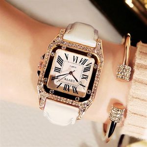 Vintage Kvinnlig klocka Rhinestone Fashion Student Quartz Watches Real Leather Belt Square Diamond Inset Delicate Womens armbandsur1975