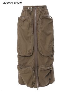 Faldas Y2K Safari cintura elástica ejército verde Cargo falda verano mujer algodón frente 3D bolsillos centro cremallera Maxi largo 230720