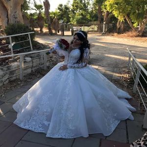 Gorgeous Arabic Aso Ebi Plus Size Luxurious Lace Beaded Wedding Dresses Long Sleeves Ball Gowns Bridal Dresses Vintage Wedding Gow315G