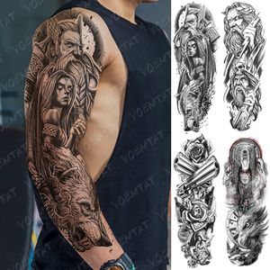 Stor armhylsa tatuering björn skalle vattentät tillfällig tatu klistermärke gud zeus poseidon kroppskonst full falska tatoo kvinnor män