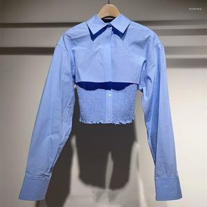 Women's Blouses Autumn 2023 Fold Waist Design Splicing Thin Lapel False Two Short Shirt Blouse Woman