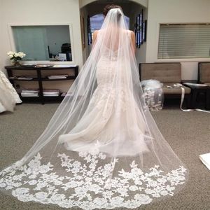 2017 Tulle Lace Wedding Veils with Lace Long Appliqued Netting Bridal Veils with Comb Long Veils281j