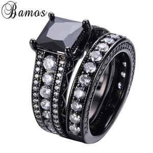 Bröllopsringar Bamos Romantic Black White Zircon Ring Set för par guldfyllda festförlovning älskar anillos rb0150291w