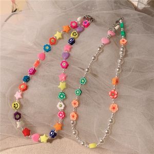 Anhänger-Halsketten, barocke Perlen, Gänseblümchen-Samenperlen-Ketten-Choker-Halskette für Frauen, Polymer-Ton-Blumen, Kragen, Boho-Sommer-Y2K-Schmuck