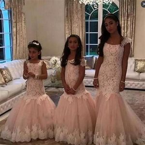 2022 Mermaid Off Shoulder Flower Girl Dresses Lace Ruffles Tulle Girls Pageant Dress Kids Party Dress Special Occasion Dress F276U