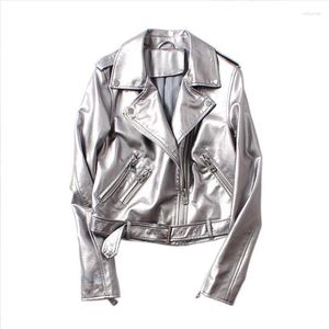 Damenjacken HWL Streetwear Frauen Lose Silber Pu Kunstleder Jacke mit Gürtel Frühling Herbst Weibliche Moto Biker Reißverschluss Mantel Outwear