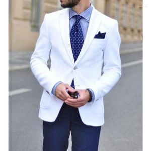 Herrdräkter vita smala fit män casual stil 2 bit manlig modemiddag jacka med marinblå byxor bröllop smoking