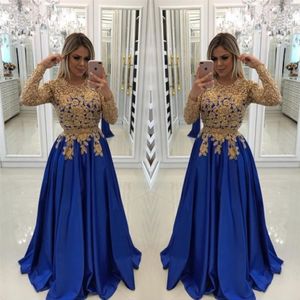 Sexy Royal Blue With Gold Lace Beads Evening Dresses Caftan Formal Gowns Illusion Long Sleeves Sequins Satin Prom Pageant Dress pl327h