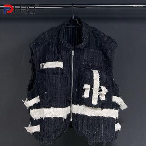 Coletes masculinos PFHQ moda sem mangas colarinho jeans patchwork borlas colete para homens jaquetas soltas com zíper outono 2023 21F3825