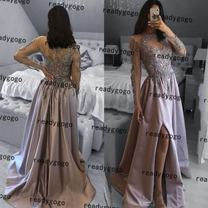 Silvergrön långärmad prom formella klänningar spetsfläck pärlor sexig slits vestido de noche full längd aftonklänning slitage294o