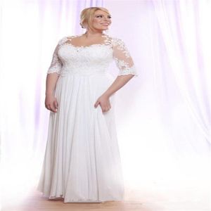 Plus Size Beach Wedding Dresses 2019 Säljer ny anpassad golvlängd Halvhylsa Chiffon Spets Modest Bridal -klänningar Vestidos de 2886