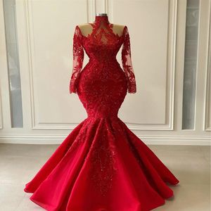 Arabic Aso Ebi Red Luxurious Lace Beaded Evening Dresses 2021 Red Shiny Long Sleeve High Neck Mermaid Prom Gowns Vestidos200U