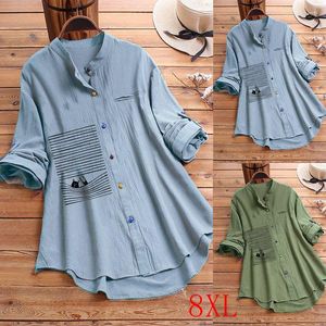 Kvinnors blusar Summer Plus Size Shirt 5xl 6xl 7xl Fashion Round Neck Long Sleeve Stitching Printing Color Button Casual Shirt.