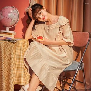 Indumenti da notte da donna Camicie da notte lunghe in cotone beige in pizzo vintage coreano Dolce elegante abito da notte estivo femminile Homewear a maniche corte