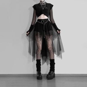 Kjolar kvinnor mesh kjol gotisk oregelbunden tyll svart punk rave party vintage lolita goth tutu long faldas estetic