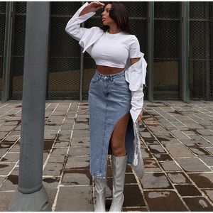 Skirts Elegant Side Split Skirt Women Summer High Waist Midi Skirts Female Spring Fashion Denim Office Blue Ladies Clothes 230720