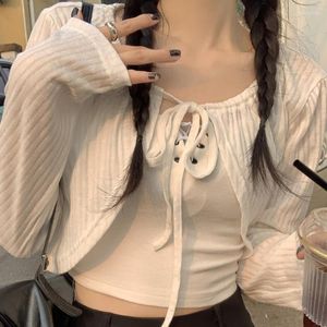 Kvinnors stickor Terokinizo Thin Croped Cardigan Women Lace Up Long Sleeve Sticked Tops Femme Arrival Solid Color High Street Ropa Mujer