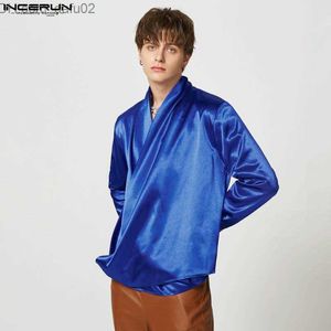 Mäns tröjor Fashion Men's Solid Satin Neck Long Sleeve Street Clothing Loos