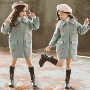 재킷 걸스 재킷 꽃 자수 모직 모직 코트 여자를위한 내리위 거절 칼라 외부웨어웨어 어린이 Z230721 용 패션 겨울 옷