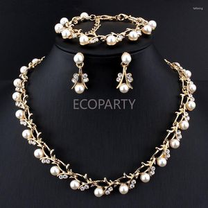 Necklace Earrings Set Fashion Imitation Pearl Wedding Earring Bridal For Women Elegant Rhinestone Party Gift Three-piece Sets