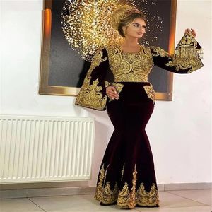 Tradycyjne kosowa reresidos formety arabskie aksamitne sukienki wieczorne rozszerzone rękawy aplikacje koronkowe syrena sukienka balowa szata de hoire185J