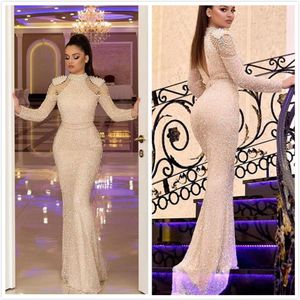 Aso Ebi 2019 Arabic Muslim Gold Sparkly Evening Dresses High Neck Beaded Sequined Prom Dresses Cheap Formal Party Second Reception264p