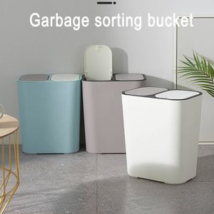 Abfallbehälter, rechteckiger Kunststoff-Druckknopf, zwei Fächer, 12 Liter, Recycling-Behälter, Müll 230721