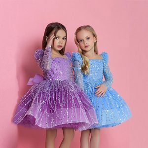 Purple Pink Short Crystals Flower Girl Dresses 2023 Ball Gown Sequined Elegant Kids Birthday Pageant First Commonion Gowns