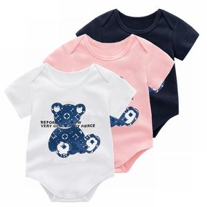 Baby Boys Girls Brand Rompers Cotton Kids Short Sleeve Jumpsuits Letters Tryckt nyfödda tecknade björn Onesies Spädbarnskläder