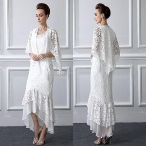2 Pieces Formal Lace Mother Of the Bride Suits Long sleeves Sheath High Low Plus Size Mother Dress With Coat Evening Gowns Cheap2473
