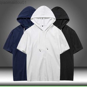 Herrtröjor tröjor 2023 Summer Men Tshirt Casual Solid Loose Hooded Tops Tees Shirts Male New Sportswear Hoodie Short Sleeve Mens T-Shirt Clothing L230721