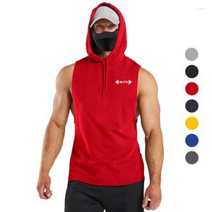 Regatas masculinas Pulôver de verão com capuz Esportes fitness Treinamento de basquete Acampamento ombro cortado manga Colete solto Ajuste sem mangas T-shirt com capuz