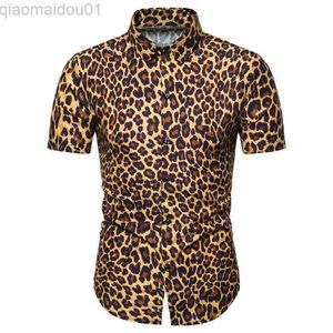 Camisas casuais masculinas Camisa estampada de leopardo masculina Camisas casuais de botão para baixo masculinas 2022 Marca camisa de manga curta sexy Streetwear masculina Chemise Homme L230721